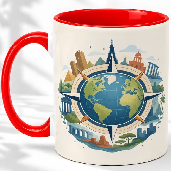 World Map Compass Accent Mug, 11oz Ceramic Coffee Cup for Travelers