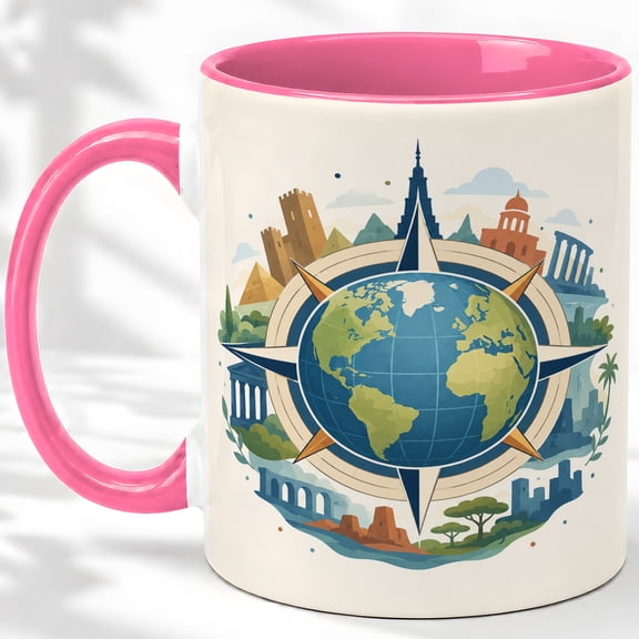 World Map Compass Accent Mug, 11oz Ceramic Coffee Cup for Travelers