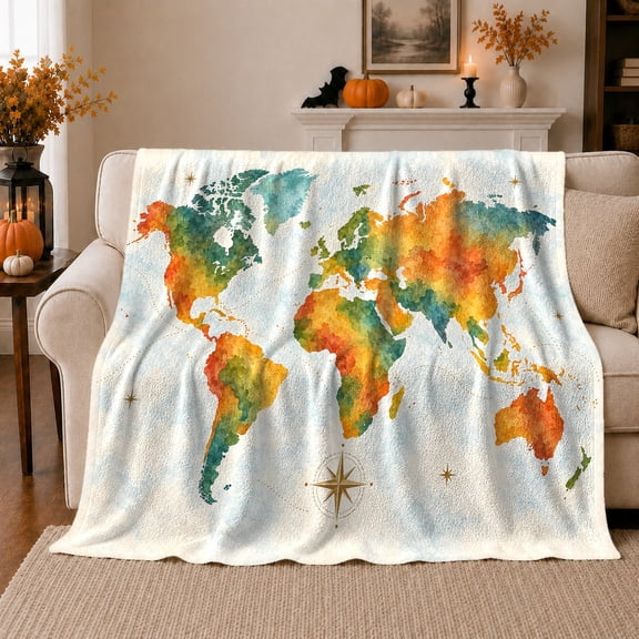 World Map Compass Rose Art, Cozy Celestial Scene, Warm Flannel Blanket for Office and Dorm with Detailed Artwork, Garden Lovers Housewarming Gift, Celestial Home Decor