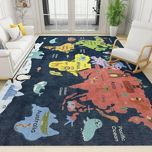 World Map Continents Modern Area Carpet, Elephant Monkey Children's Rug, Soft Rugs Washable Lightweight Portable Breathable Soft Comfortable For Bedroom Living Room Study 4 x 5ft