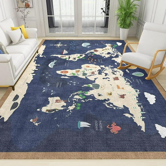 World Map Continents Oceans Area Rug, Coconut Palm Sailboat Giraffe Children's Carpet, Small Rug Soft Comfortable Washable Non-Slip for Living Room Bedroom Study Dining Room Decor 3x4ft
