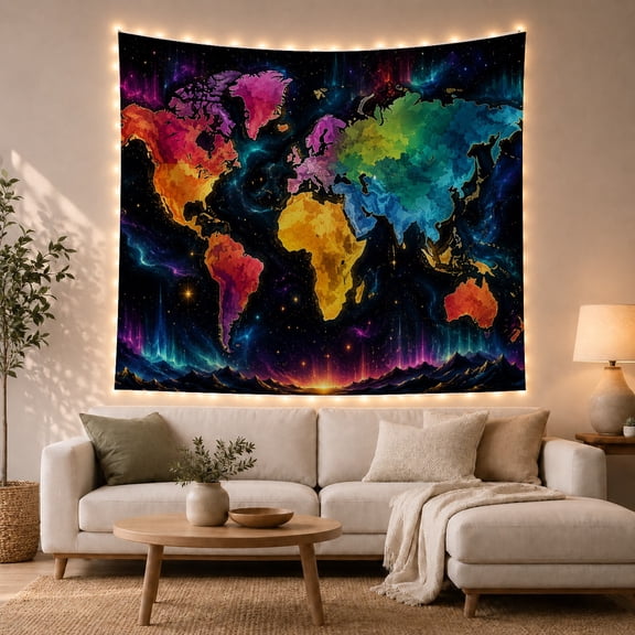 World Map Against Cosmic Nebula Sky, Dreamy Celestial for Kids and Students, Educational Globe Art Decor Housewarming Gift Tapestry Wall Hanging for Bedroom and Dorm