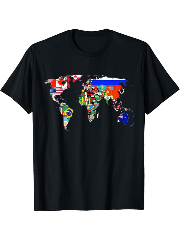World Map Country Flag Atlas T-Shirt Black Large