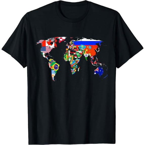 World Map Country Flag Atlas T-Shirt Black Large