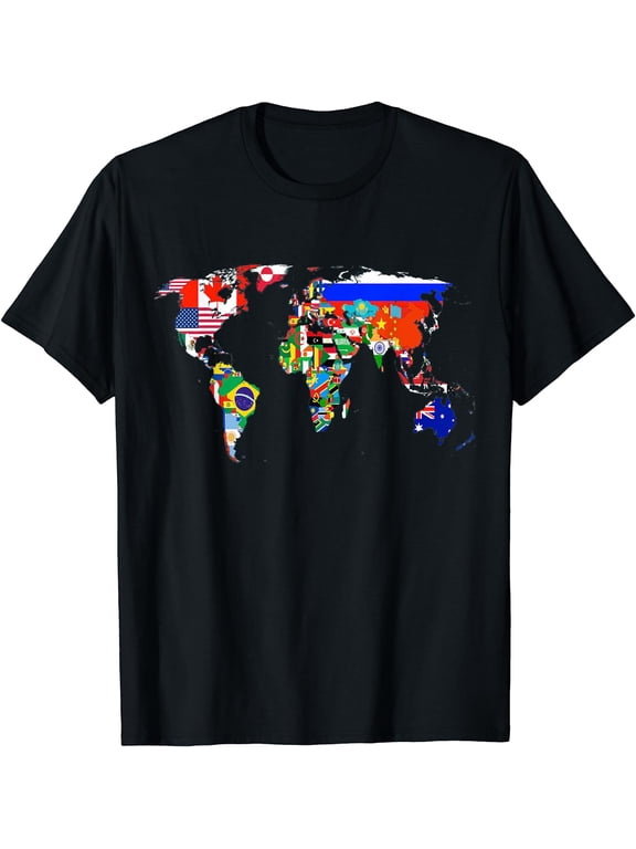 World Map Country Flag Atlas T-Shirt Black X-Large