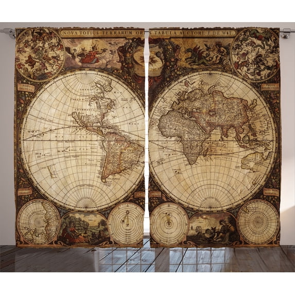 Ambesonne World Map Curtains 2 Panel Set, Historic Old Atlas, 108" x 90", Multicolor