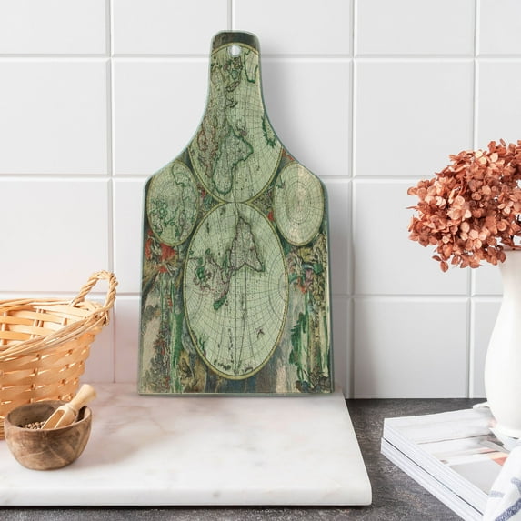 World Map Cutting Board, Antique Design with Renaissance Continents and Hemispheres Vintage Art, Decorative Tempered Glass Cutting and Serving Board, Wine Bottle Shape, Multicolor, by Ambesonne