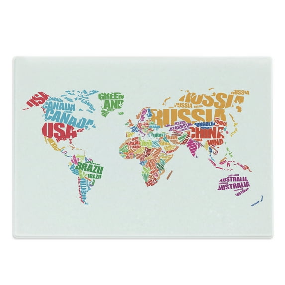 World Map Cutting Board, Atlas Theme Names of the Countries Europe America Africa Asia Graphic Style, Decorative Tempered Glass Cutting and Serving Board, Large Size, Multicolor, by Ambesonne