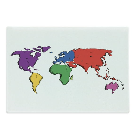World Map Cutting Board, Contemporary Illustration of World Map Image Where People Live Theme, Decorative Tempered Glass Cutting and Serving Board, Large Size, Multicolor, by Ambesonne