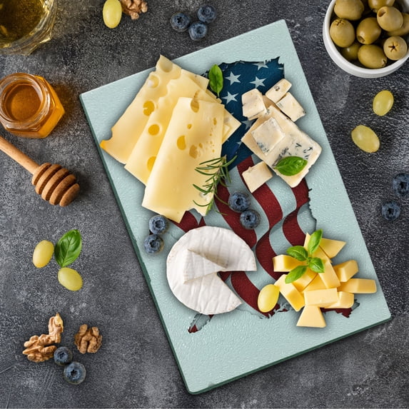 World Map Cutting Board, Graphic United States Flag American Federations Stars National Print, Decorative Tempered Glass Cutting and Serving Board, Small Size, White Red Blue, by Ambesonne
