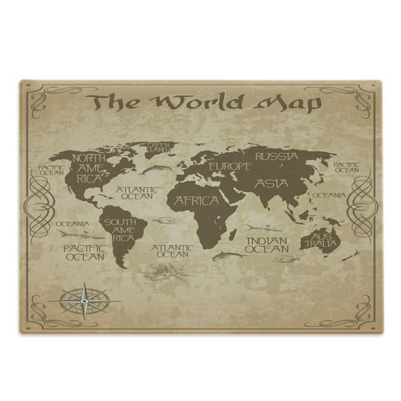 World Map Cutting Board, Vintage Themed Topographic Design Grunge Art Graphic with Windrose, Decorative Tempered Glass Cutting and Serving Board, in 3 Sizes, by Ambesonne