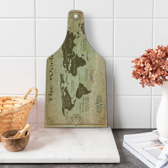 World Map Cutting Board, Vintage Themed Topographic Design Grunge Art Graphic with Windrose, Decorative Tempered Glass Cutting and Serving Board, in 3 Sizes, by Ambesonne