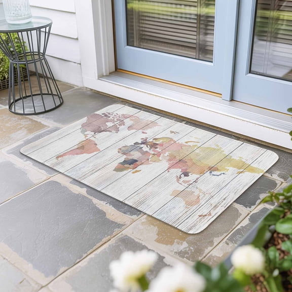 World Map Door Mat Indoor Outdoor, Farmhouse Abstract Illustration Wooden Grain Non Slip Welcome Mat with Rubber Backing, Absorbent Fabric Front Door Mats Entryway Rug for Home Patio Entrance 16"x24"