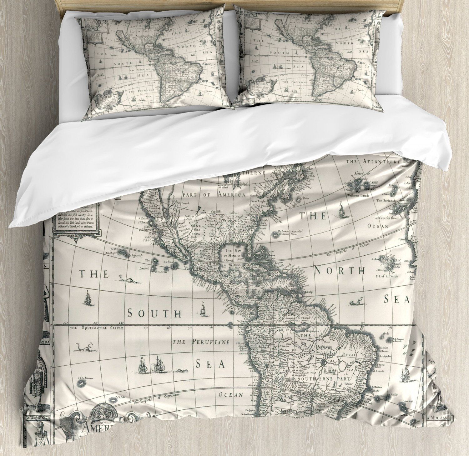 World Map Duvet Cover Set, Antique Map America in 1600s World in Medieval Time Era in Retro Style, Decorative 3 Piece Bedding Set with 2 Pillow Shams, King Size, Cream Grey, by Ambesonne