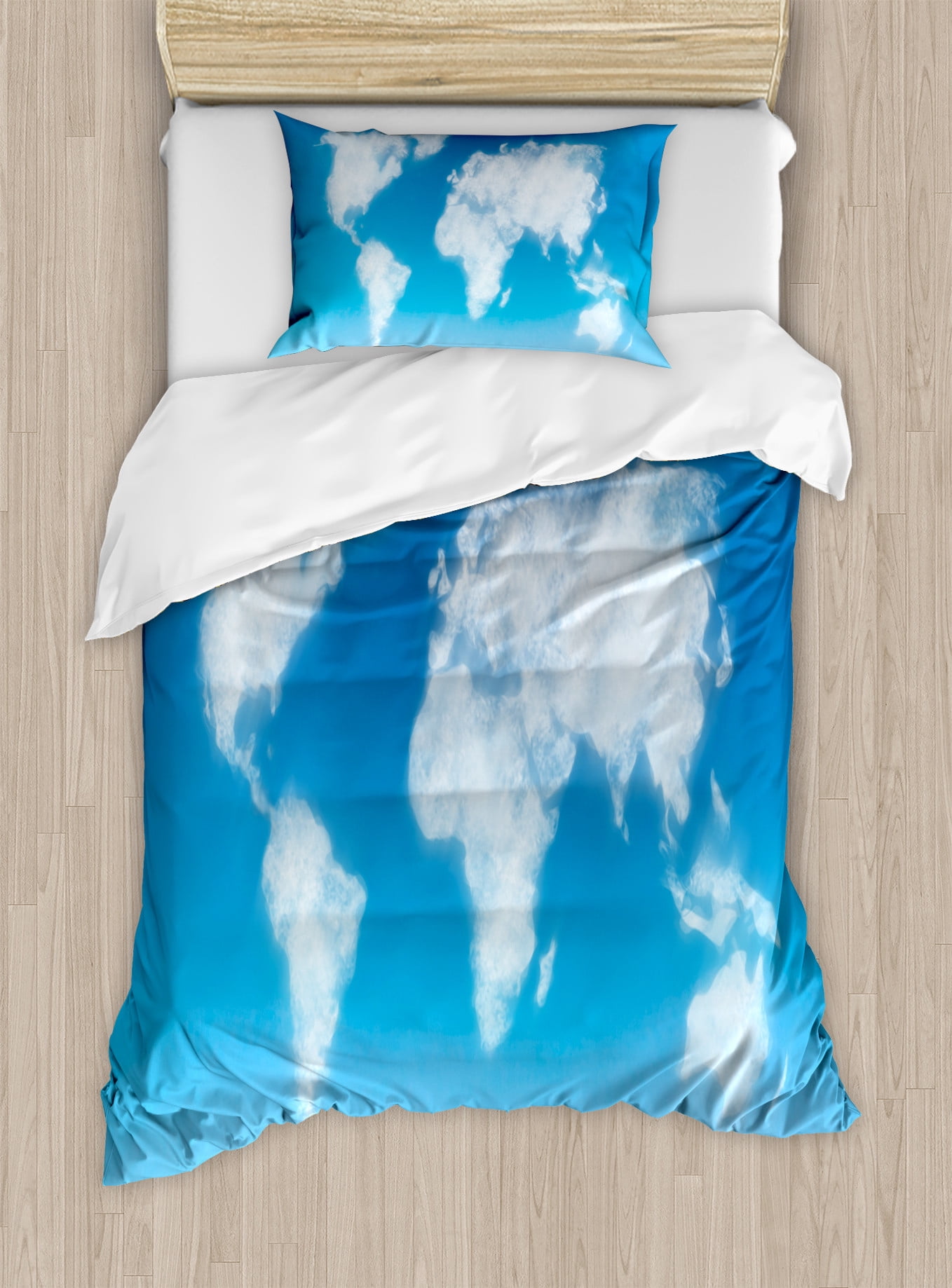 World Map Duvet Cover Set, Graphic Design of Shaped Clouds in the Sky ...