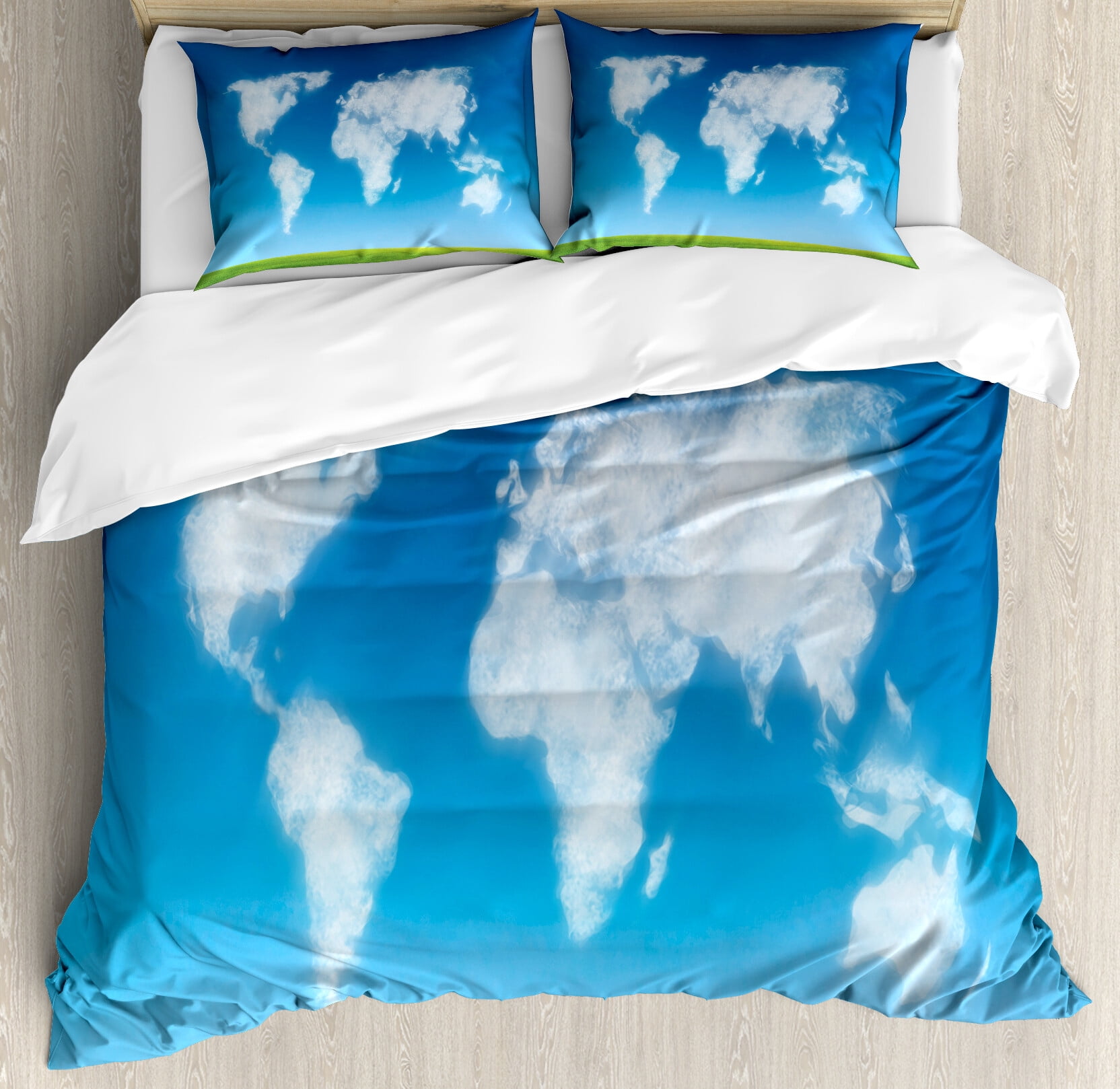 World Map Duvet Cover Set, Graphic Design of Shaped Clouds in the Sky ...