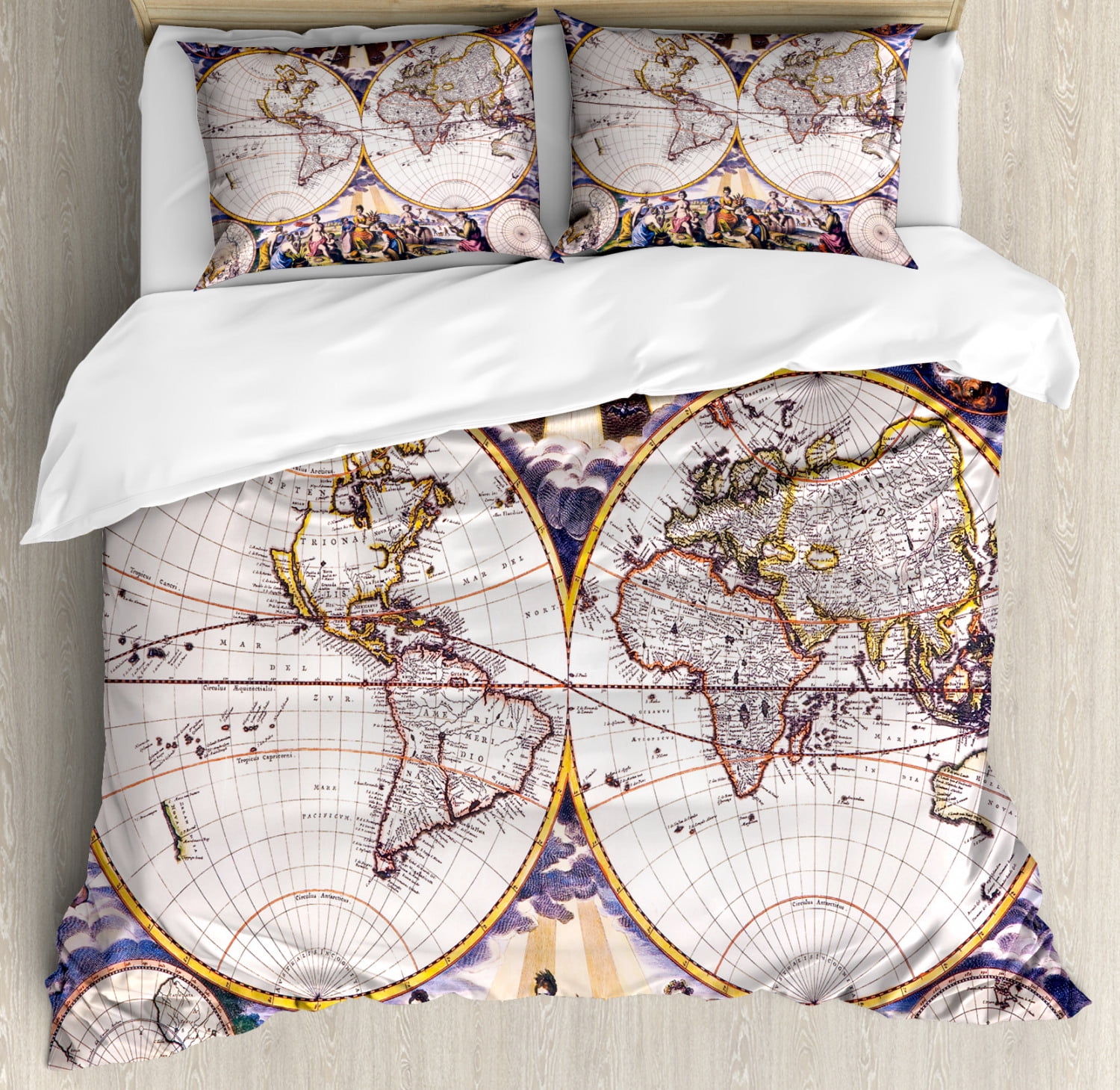 World Map Duvet Cover Set King Size, Antique Map with Farmers Field Sun ...