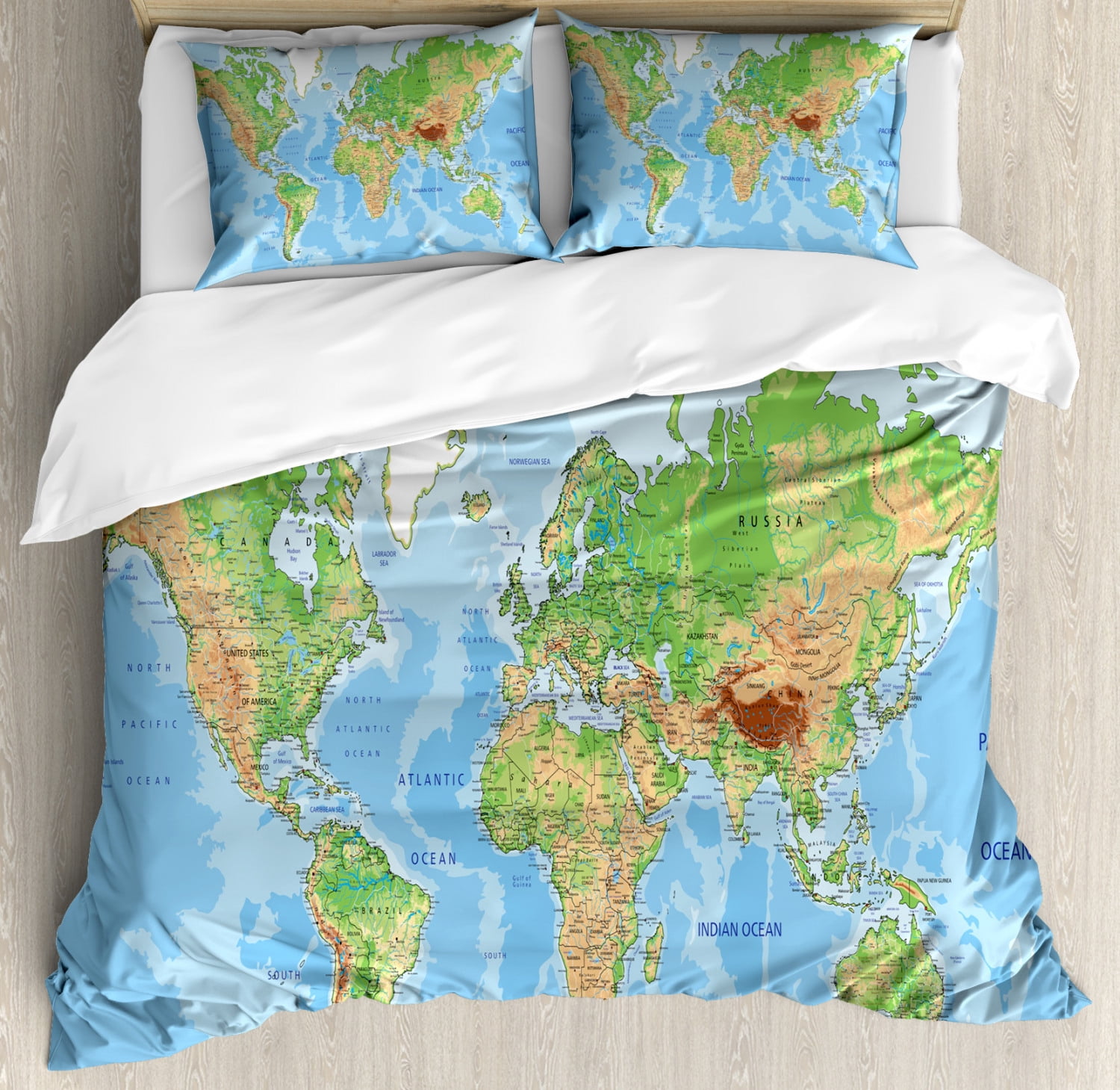 World Map Duvet Cover Set King Size, Topographic Map of the World ...
