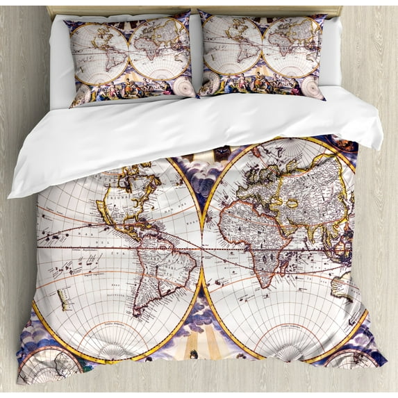 World Map Duvet Cover Set Queen Size, Antique Map with Farmers Field Sun Birds Clouds Fantasy Sky in Old Painting Style, Decorative 3 Piece Bedding Set with 2 Pillow Shams, Multicolor, by Ambesonne