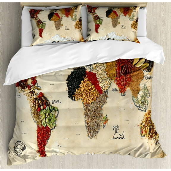 World Map Duvet Cover Set Queen Size, Map of World Different Spices Design with Food Symbols Bohemian Style Artwork, Decorative 3 Piece Bedding Set with 2 Pillow Shams, Multicolor, by Ambesonne