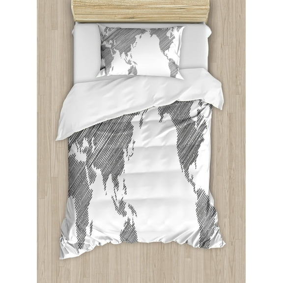 World Map Duvet Cover Set, Sketchy Striped Continents Cartography Geography Countries Worldwide Art, Decorative 2 Piece Bedding Set with 1 Pillow Shams, Twin Size, Charcoal Grey White, by Ambesonne