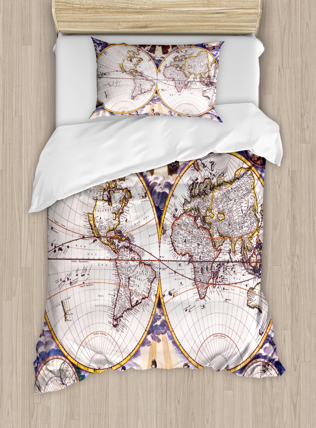 World Map Duvet Cover Set Twin Size, Antique Map with Farmers Field Sun ...
