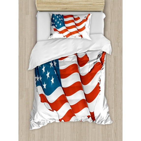 World Map Duvet Cover Set Twin Size, Graphic United States Flag American Federations Stars National Symbol Print, Decorative 2 Piece Bedding Set with 1 Pillow Sham, White Red Blue, by Ambesonne