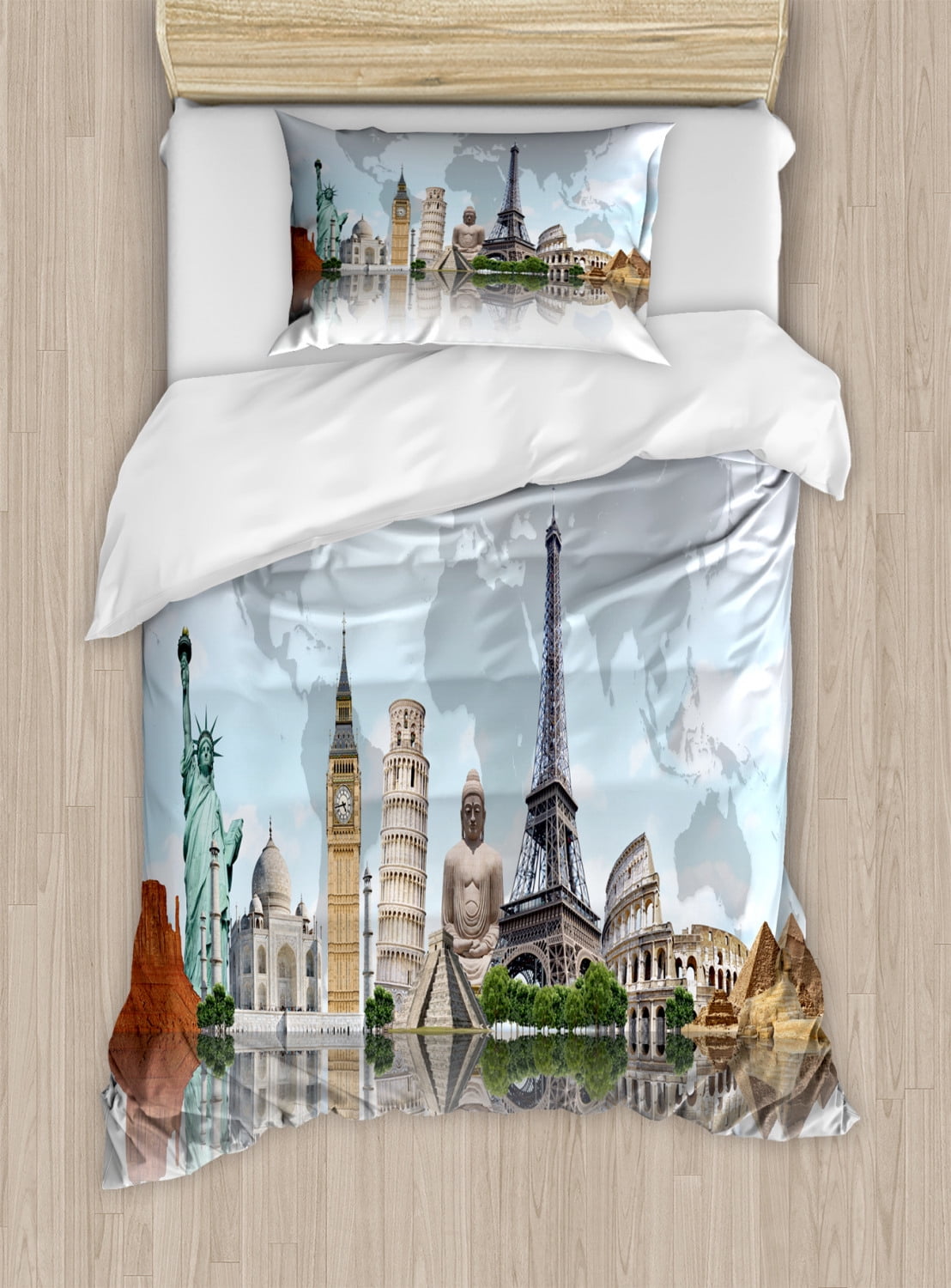 World Map Duvet Cover Set Twin Size, Wonders of the World Themed ...