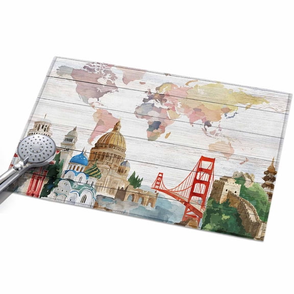 World Map Entryway Rug 2x3ft Washable Non Slip Bathroom Rug Indoor Floor Front Door Mat Country Famous Building Tourism Bridge Wooden Rectangle Area Rugs Carpet for Kitchen Office Dining Room