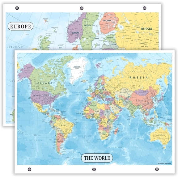 World Map & Europe Map Reference Page – Laminated, Double-Sided 3-Ring Binder Insert – Durable Gloss Geography Chart for Study & Binder Organization