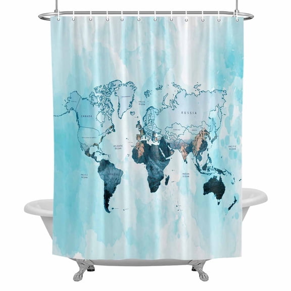 World Map Fabric Shower Curtain, Blue Map Abstract Bathroom Curtain with 12 Hooks Waterproof Machine Cloth Shower Curtain for Bathroom, Bathtub, Spa Room, 72x84 Inch
