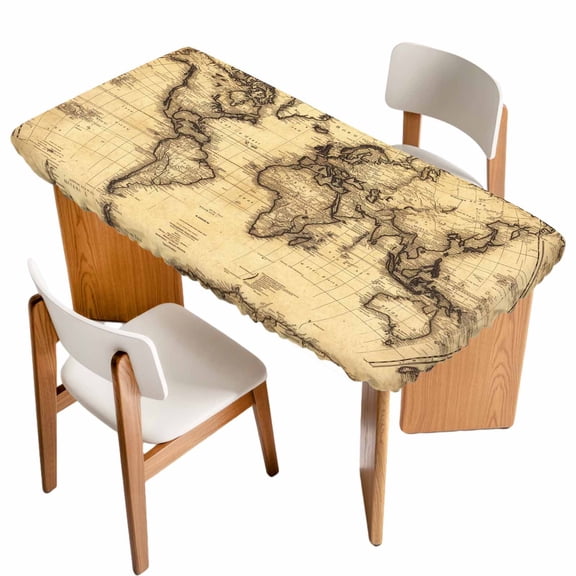 World Map Fitted Rectangle Tablecloth 24" x 50" Retro Yellow Plate Line Abstract Elastic Table Cloth Fits for 4 Foot Folding Tables Waterproof Table Cover for Picnic Camping Outdoor