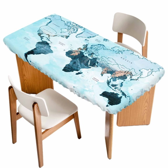 World Map Fitted Rectangle Tablecloth 32" x 72" Blue Map Abstract Elastic Table Cloth Fits for 6 Foot Folding Tables Waterproof Table Cover for Picnic Camping Outdoor