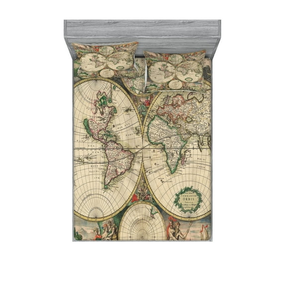 World Map Fitted Sheet & Pillow Sham Set, Antique Design with Renaissance Continents and Hemispheres Vintage Art, Decorative Printed 6 Piece Bedding Decor Set, Queen, Multicolor, by Ambesonne