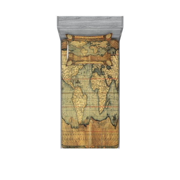 World Map Fitted Sheet & Pillow Sham Set, Old Chart Vintage Composition of 16th Century Atlas Print, Decorative Printed 4 Piece Bedding Decor Set, Twin, Sand Brown Slate Blue, by Ambesonne