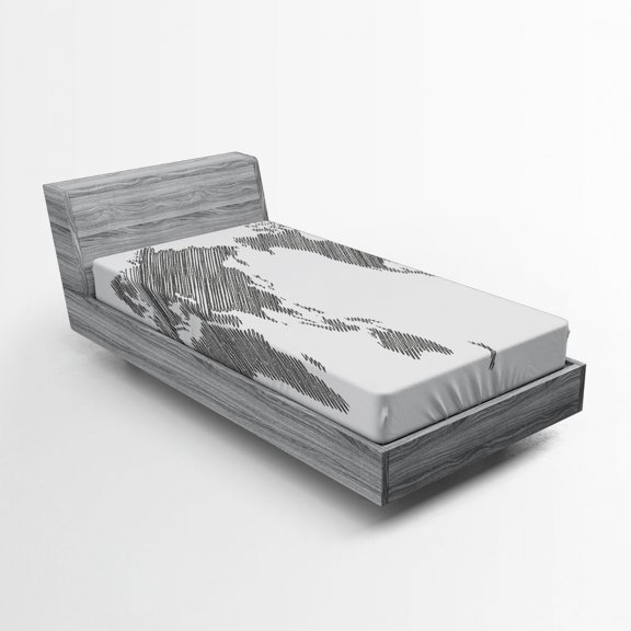 Ambesonne World Map Fitted Sheet, Sketchy Continents, Twin XL Size, Charcoal Grey White