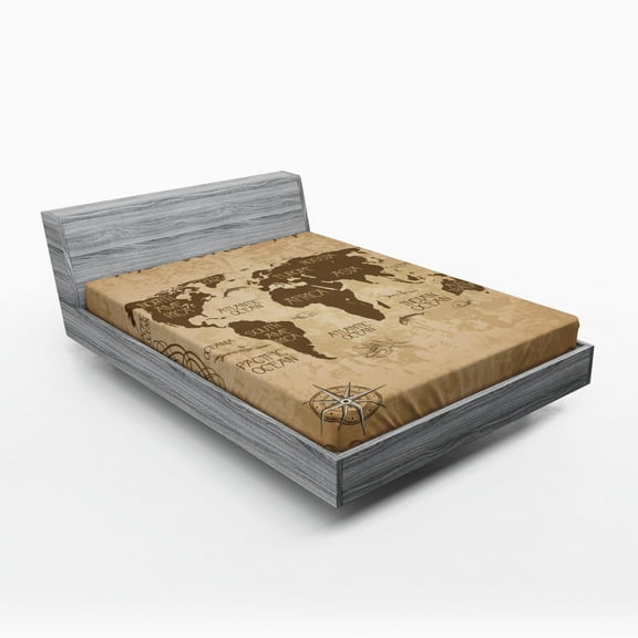 Ambesonne World Map Fitted Sheet, Vintage Topographic Image, Full Size, Pastel Brown Taupe