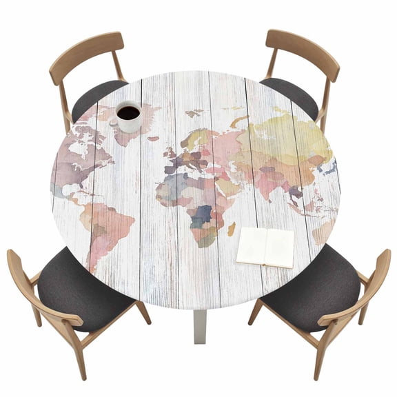 World Map Fitted Tablecloth with Elastic Edged, Round Table Cloth for Dining Table, Farmhouse Abstract Illustration Wooden Grain Waterproof Oil Proof Table Cover for Indoor Outdoor 36"-44"
