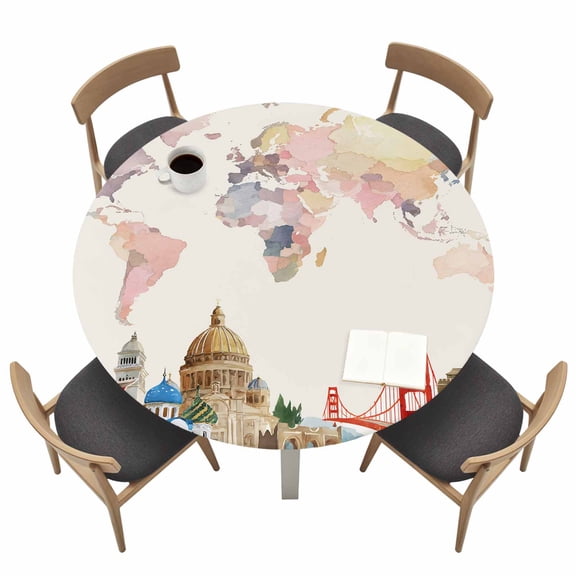 World Map Fitted Tablecloth with Elastic Edged, Round Table Cloth for Dining Table, Farmhouse Famous Building Tourism Bridge Waterproof Oil Proof Table Cover for Indoor Outdoor 36"-44"