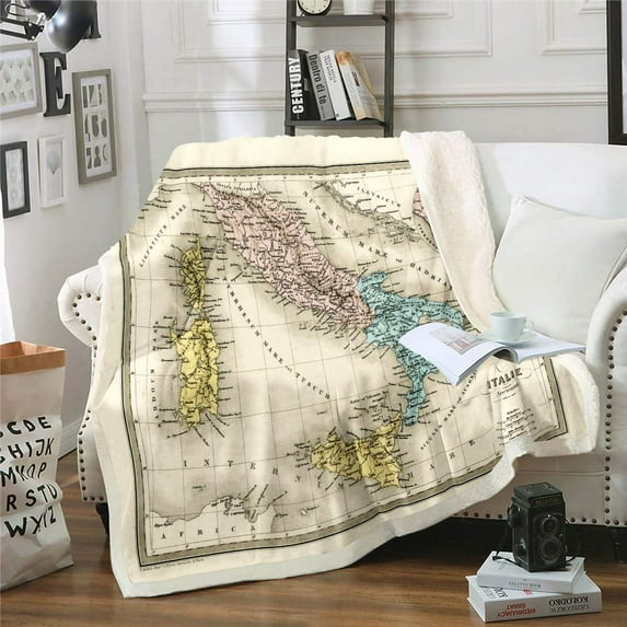 World Map Fleece Blanket Retro Map of Ancient Italy and Rome Sherpa Throw Blanket for Sofa Couch Vintage Geography Theme Plush Blanket Antique Design Fuzzy Blanket Room Decor 40"x50"