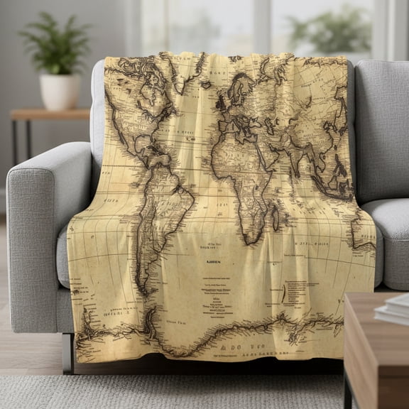 World Map Fleece Throw Blanket Retro Yellow Plate Line Abstract Ultra Soft Fuzzy Cozy Flannel Throw Blanket for Couch Sofa Bed Car Travel, Ideal Gifts 50x60 Inches