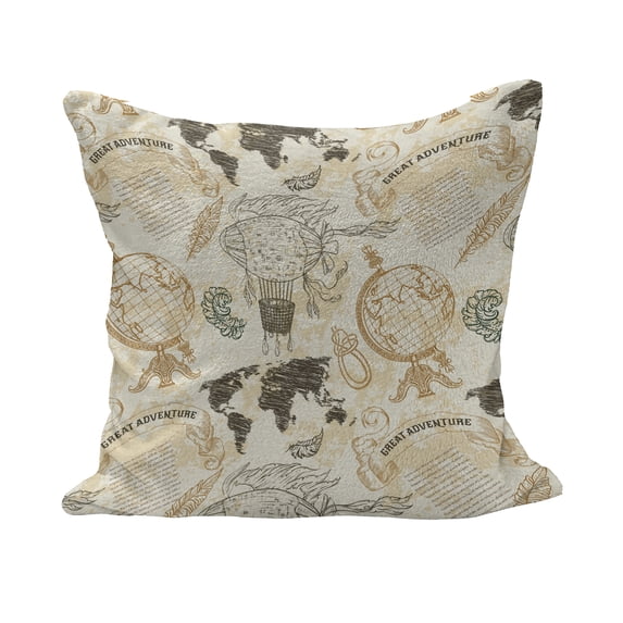 World Map Fluffy Throw Pillow Cushion Cover, Pattern Vintage Globe Atlas Theme Airship Knots Ribbon Retro Print, Rectangle Accent Pillow Case, 26" x 16", Beige Olive Green, by Ambesonne