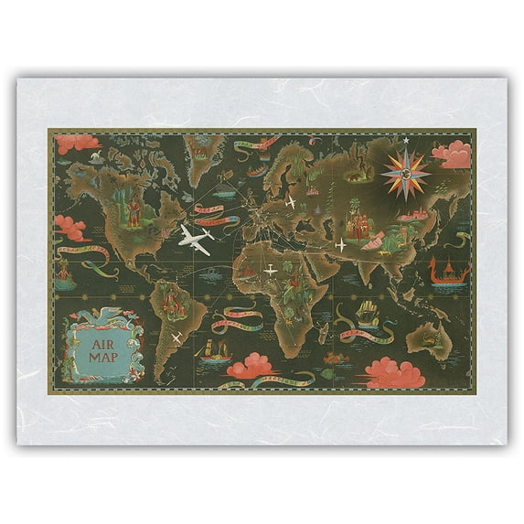 World Map - Fly Routes World Map - Planisphere - Vintage Airline Travel Poster by Lucien Boucher c.1948 - Japanese Unryu Rice Paper Art Print (Unframed) 12 x 16 in