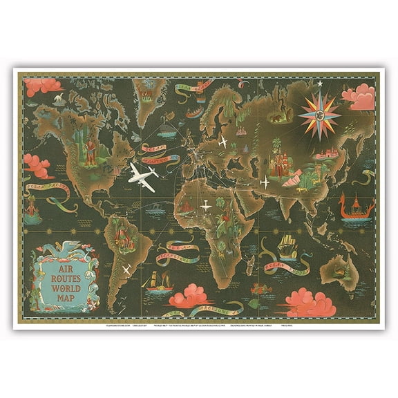 World Map - Fly Routes World Map - Planisphere - Vintage Airline Travel Poster by Lucien Boucher c.1948 - Master Art Print 10in x 14in