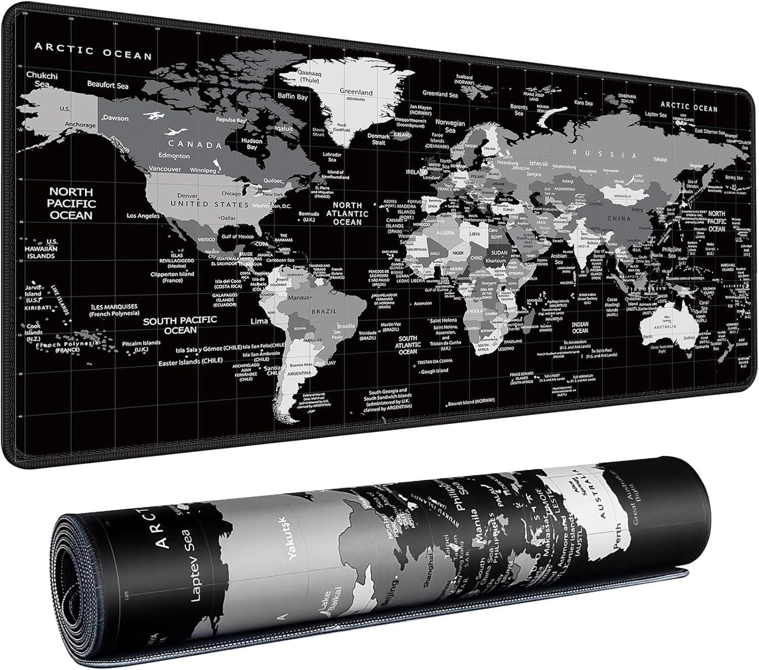 World Map Gaming Mouse Pad Black Desk Mat,Desk Pad XXL Mouse Pads for Desk 35.4x15.7in Mousepad with Stitched Edges,Non-Slip Rubber Base,Waterproof Computer Keyboard Pad for Gamer,Office&Work