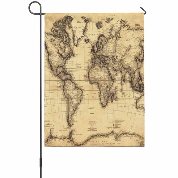 World Map Garden Flags For Outdoor, Retro Yellow Plate Line Abstract Small Double Side Yard Flags Weather Proof Garden Decor for Lawn Outside Holiday 12 x 18 Inches