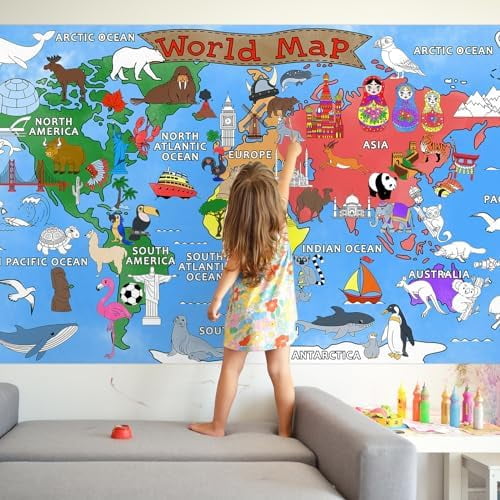 World Map Giant Coloring Poster - 31.5x 72 Inches - Versatile Classroom Wall Décor & Birthday Activity - World Map Poster or Table Cover for School Parties and Special Events