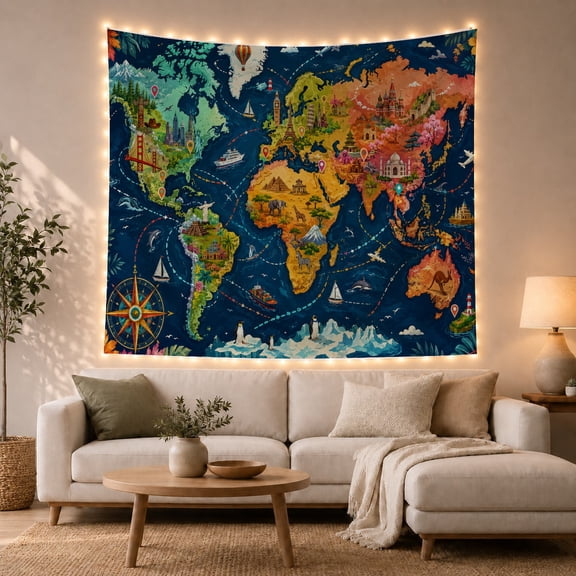 World Map with Global Landmarks and Travel Routes, Playful Illustration for Travel Lovers, Educational Wall Decor, Graduation Gift, Tapestry Wall Hanging for Classroom and Dorm