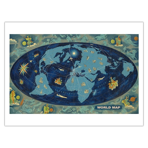 World Map - Global World Route Map - Planisphere - Vintage Airline Travel Poster by Lucien Boucher c.1959 - Bamboo Fine Art 290gsm Paper Print (Unframed) 24x32in
