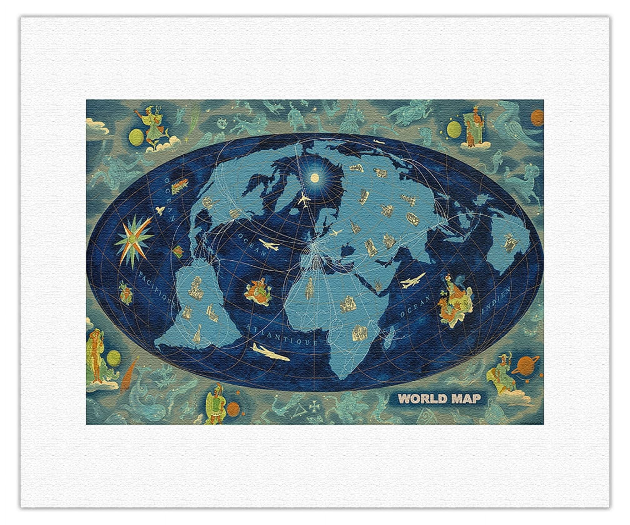 Planisphere Print World Map - Global World Route Map - Planisphere - Vintage Airline ...